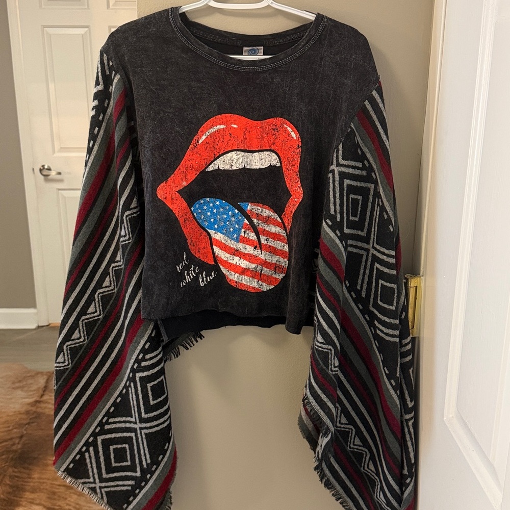 CUSTOM upcycled western inspired Rolling Stones bandcho poncho/ pullover top OS